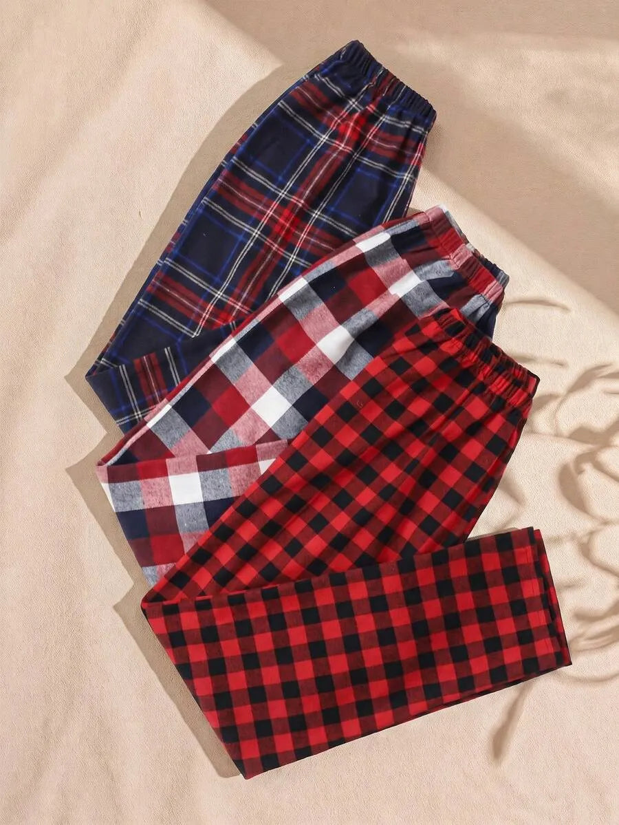 SHEIN Lullawish   بنطلون 3 قطع نوم طويل بلون متعدد الألوان بنقوش مربعات