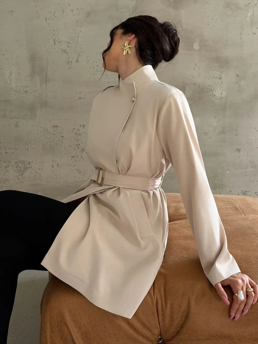 SHEIN Firerie معطف ترنش نسائي بياقة واقفة وأزرار وحزام خصر بلون كاكي
