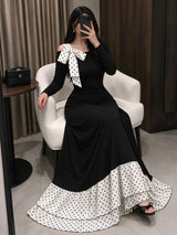 SHEIN Modelyn فستان ميدي بياقة دائرية وأكمام طويلة وفيونكة كبيرة ونقشة نقاط بالأبيض والأسود