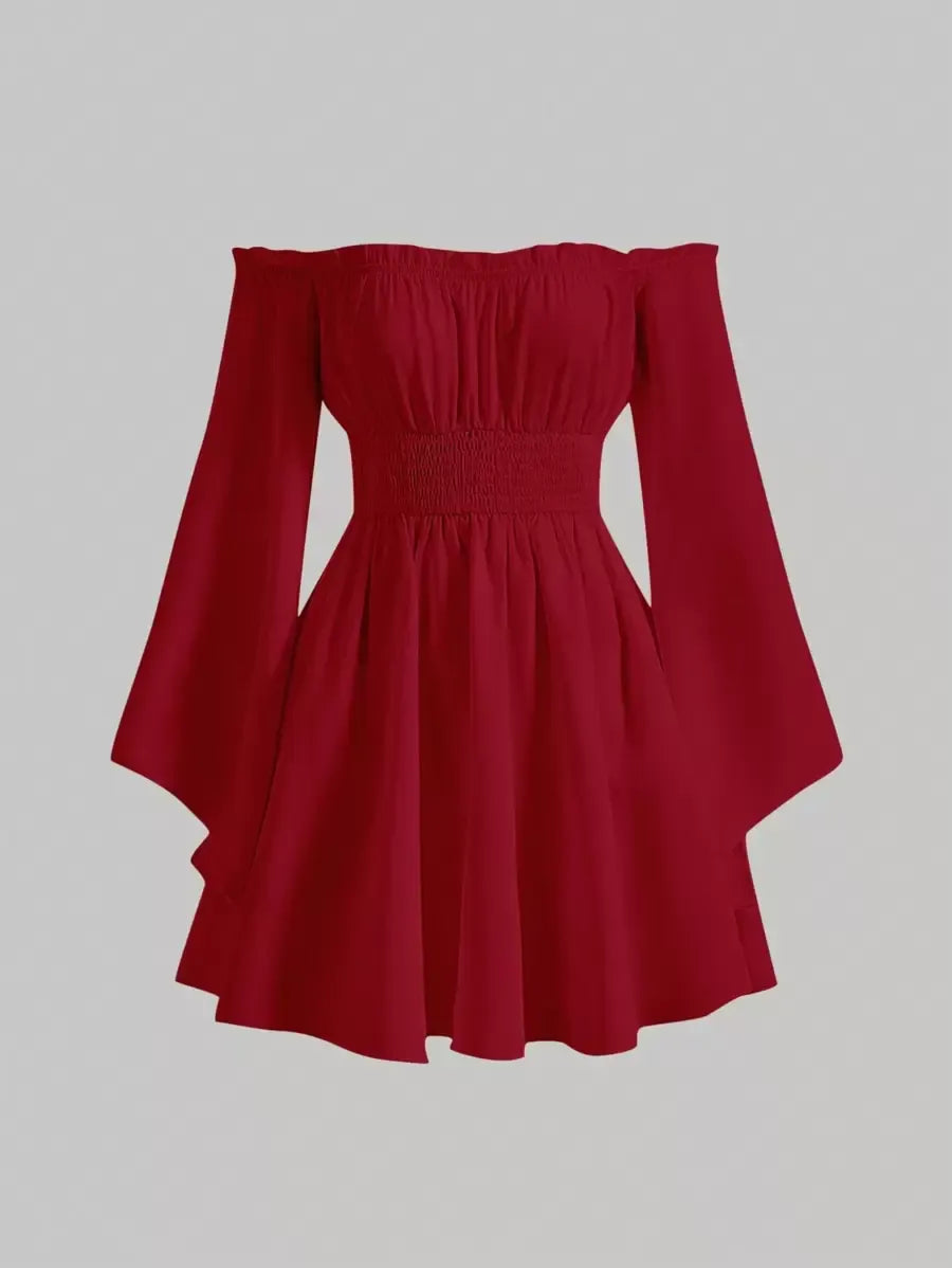 SHEIN MOD فستان نسائي بكتف مكشوف وأكمام جرسية بلون أحمر