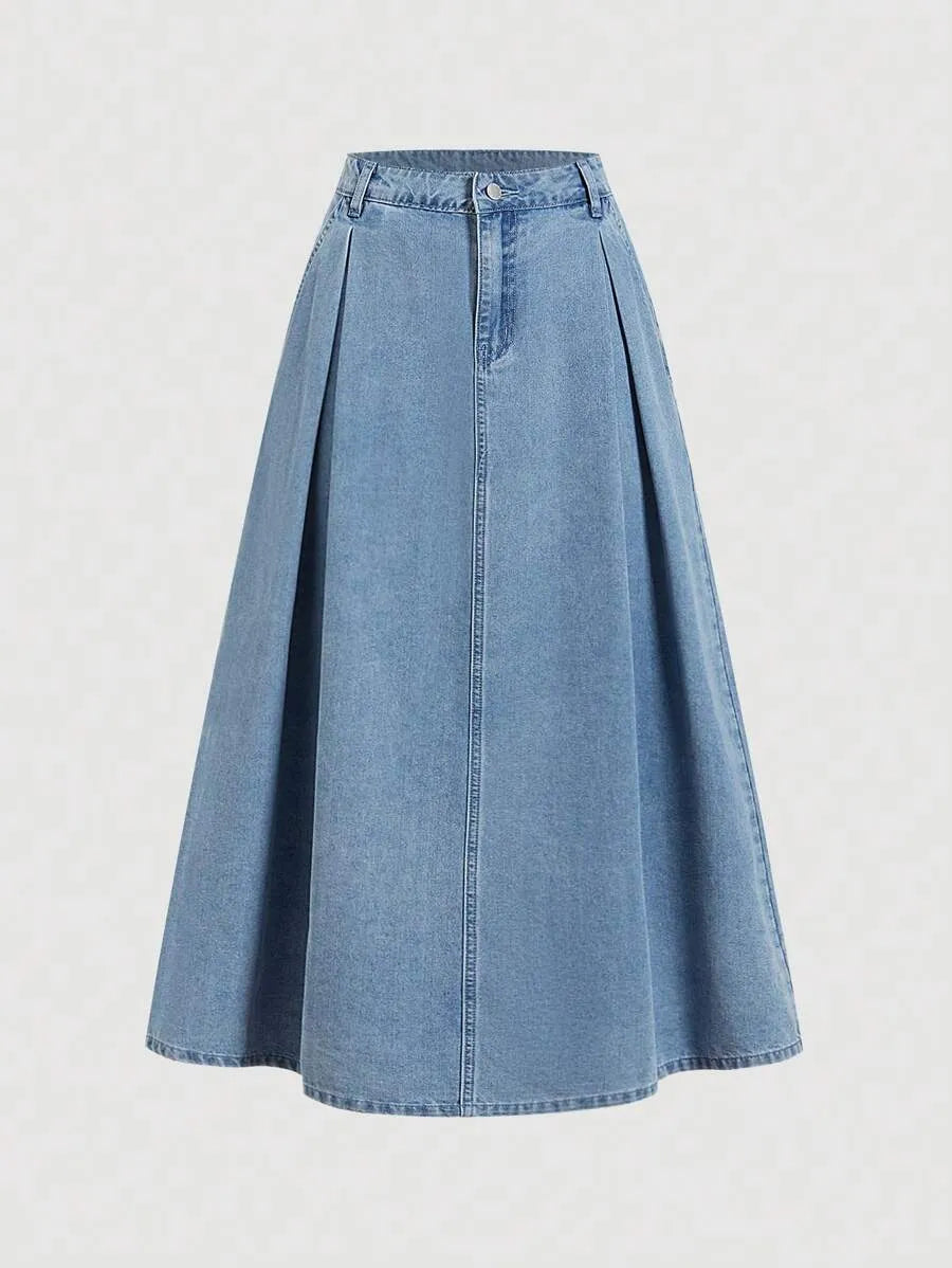 SHEIN MOD A-Line تنورة جينز نسائية طويلة وخصر طبيعي بلون أزرق متوسط