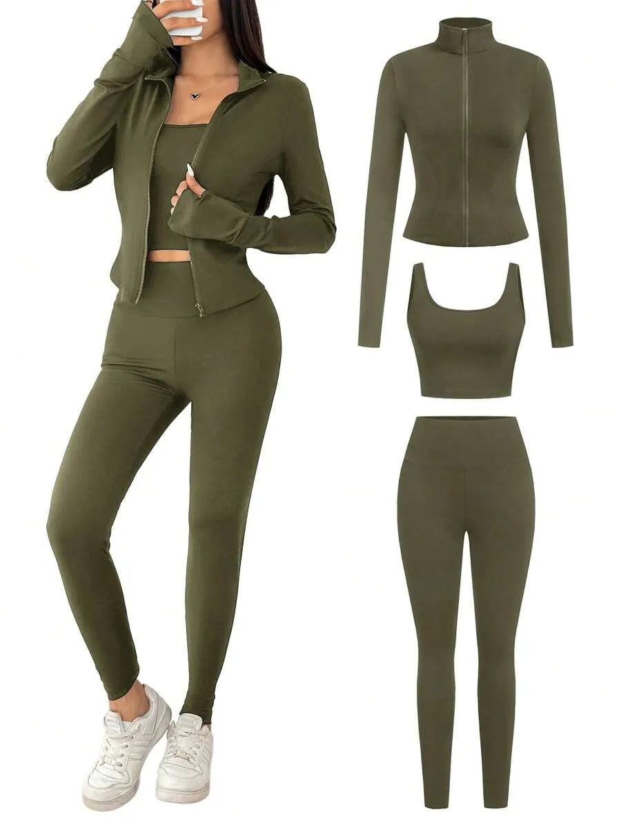 SHEIN EZwear طقم رياضي نسائي 3 قطع جاكيت بسحاب وتوب قصير وليجنز بلون أخضر عسكري