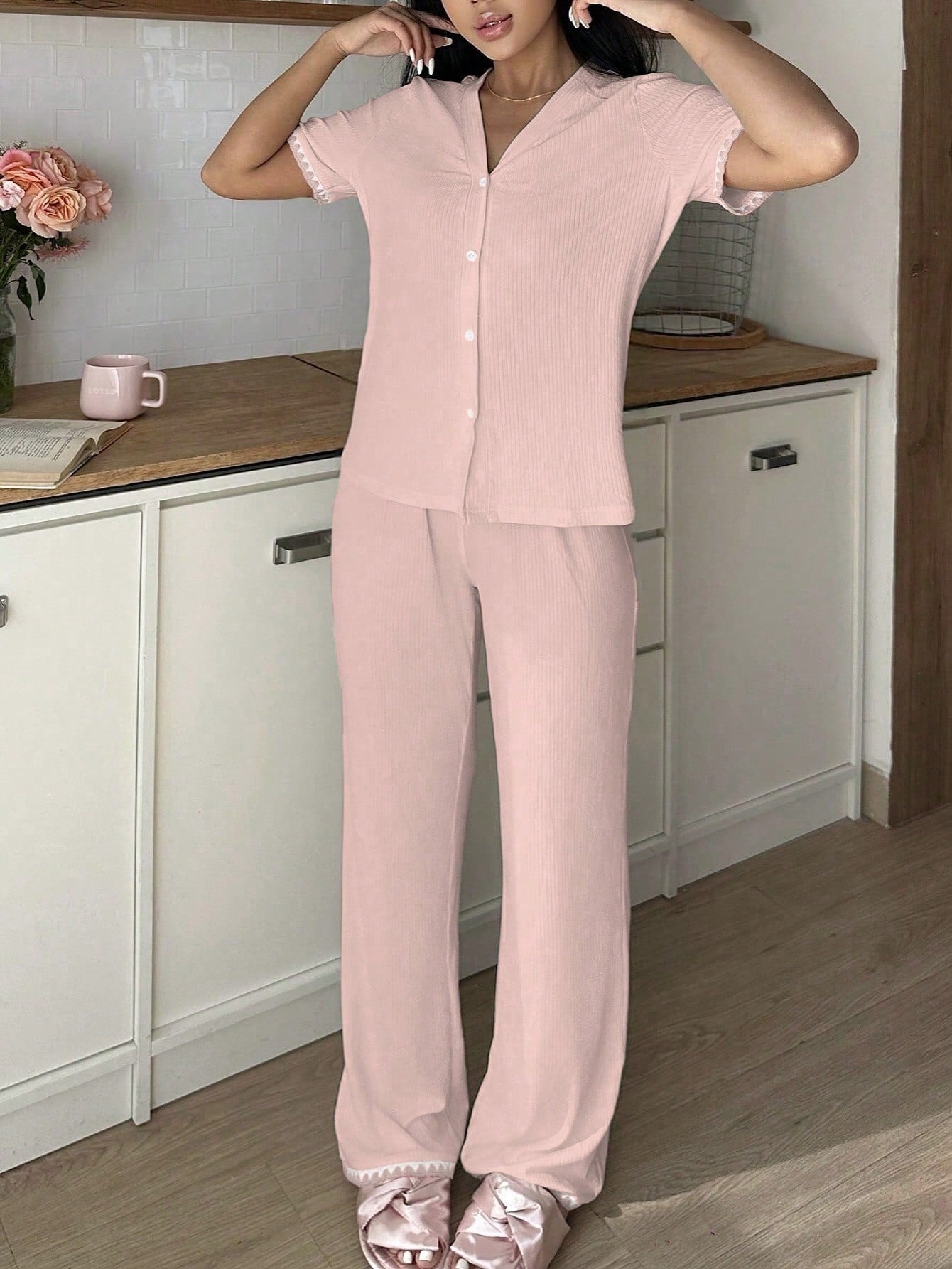 SHEIN Snug Zone طقم بيجامة نسائي قطعتين بلونين متباينين