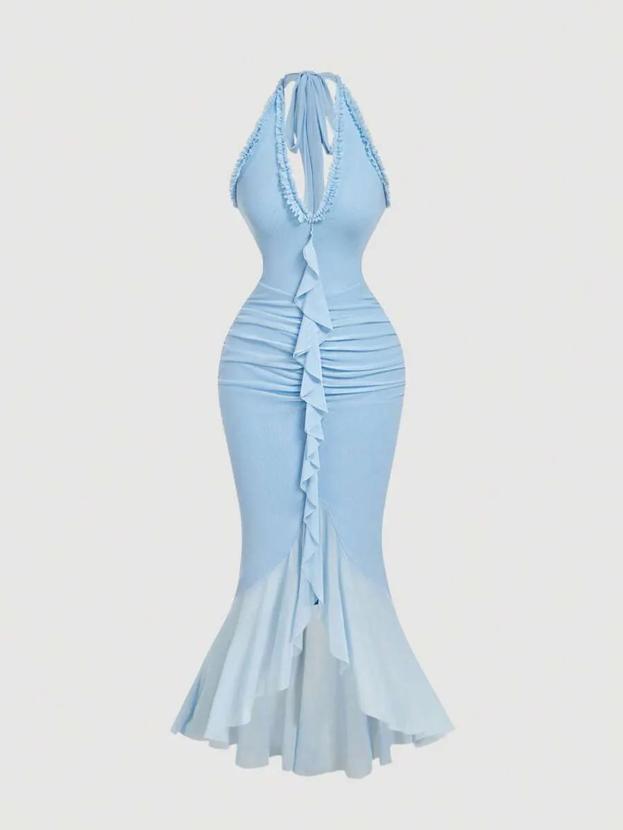 SHEIN MOD فستان نسائي طويل شبكي برباط وفيونكة وياقة رسن بلون أزرق فاتح