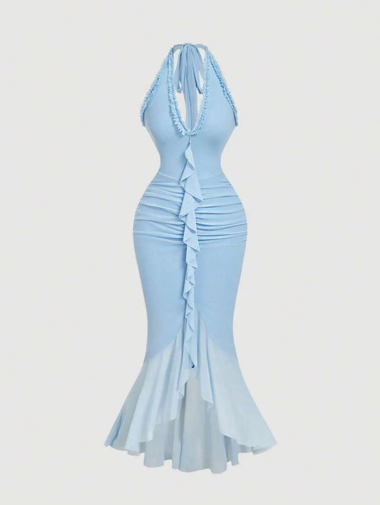SHEIN MOD فستان طويل شبكي برباط وفيونكة وياقة رسن بلون أزرق فاتح
