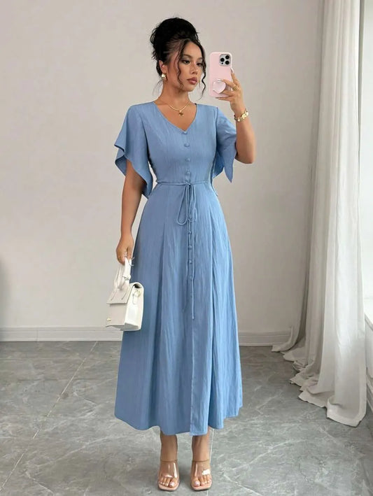SHEIN Elenzga A-Line فستان نسائي أزرق  متوسط الطول بأزرار وأكمام منفرجة