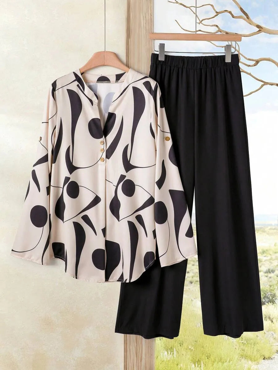 SHEIN Rusticease طقم نسائي قطعتين بلوزة بياقة وبنطال طويل متعدد الألوان