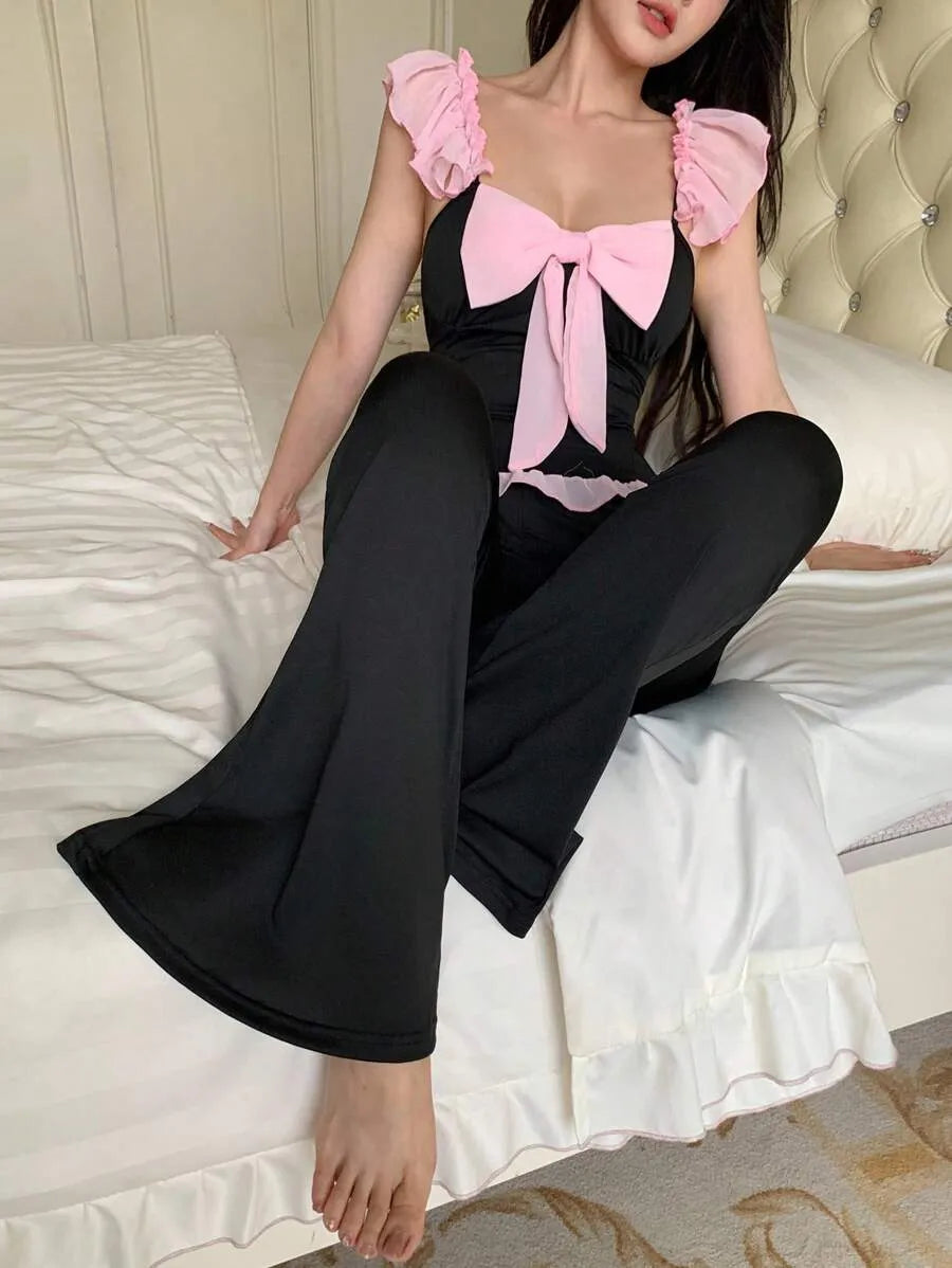 SHEIN طقم بيجاما بلون أسود توب قصير بدون أكمام وبنطلون طويل
