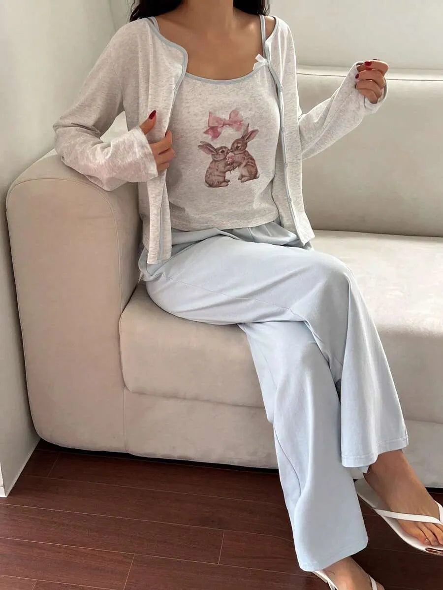 SHEIN DAZY طقم بيجامة 3 قطع بلون رمادي كامي مع بنطلون طويل ورداء بأكمام طويلة