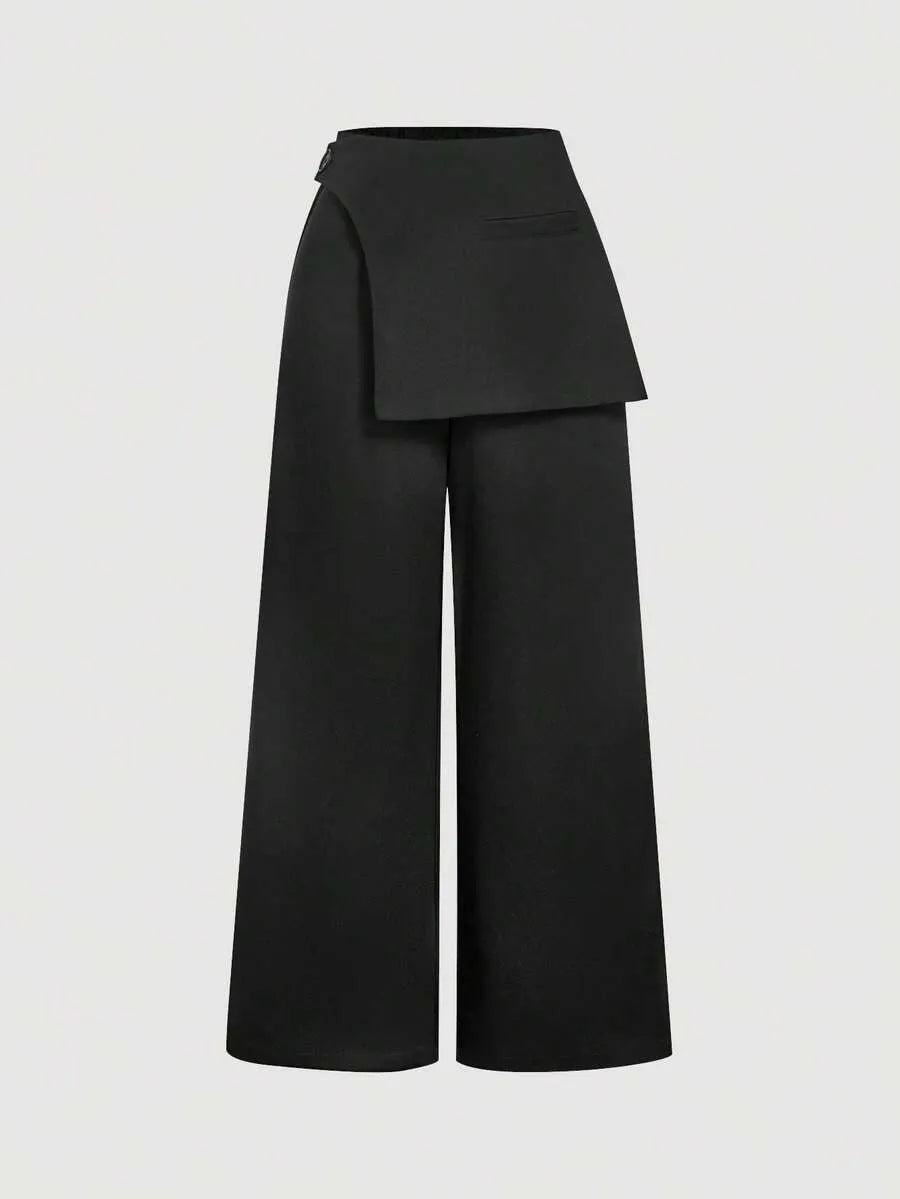 SHEIN MOD بنطلون نسائي واسع الساق بخصر عالٍ وأزرار وسحاب بلون أسود