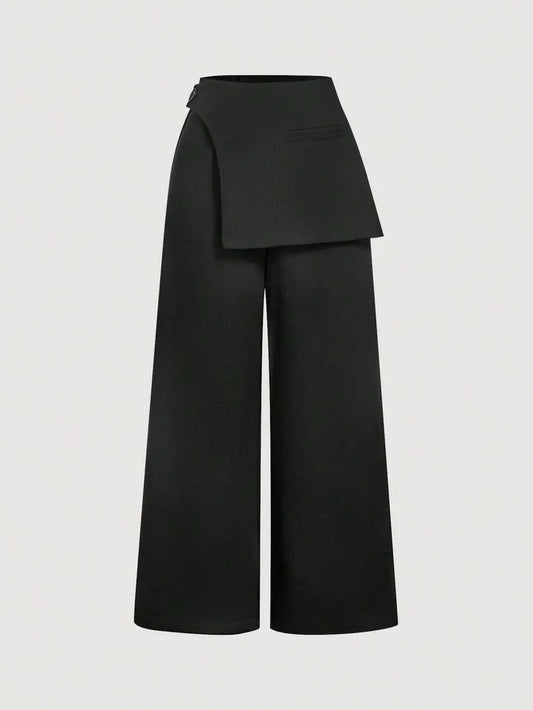 SHEIN MOD بنطلون نسائي واسع الساق بخصر عالٍ وأزرار وسحاب بلون أسود