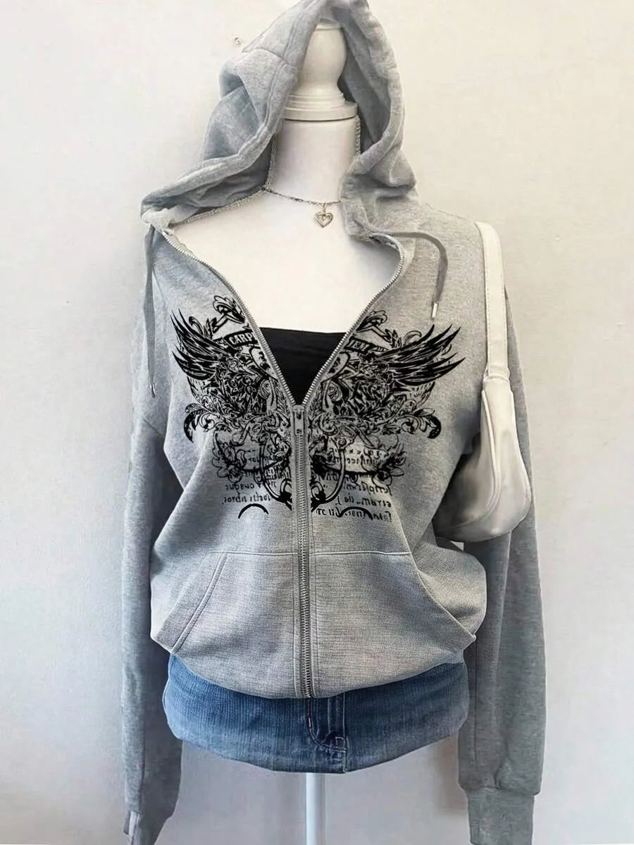 SHEIN Attitoon هودي نسائي فضفاض بسحاب وجيوب بلون رمادي فاتح