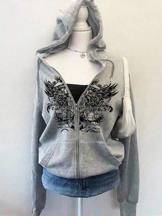 SHEIN Attitoon هودي نسائي فضفاض بسحاب وجيوب بلون رمادي فاتح