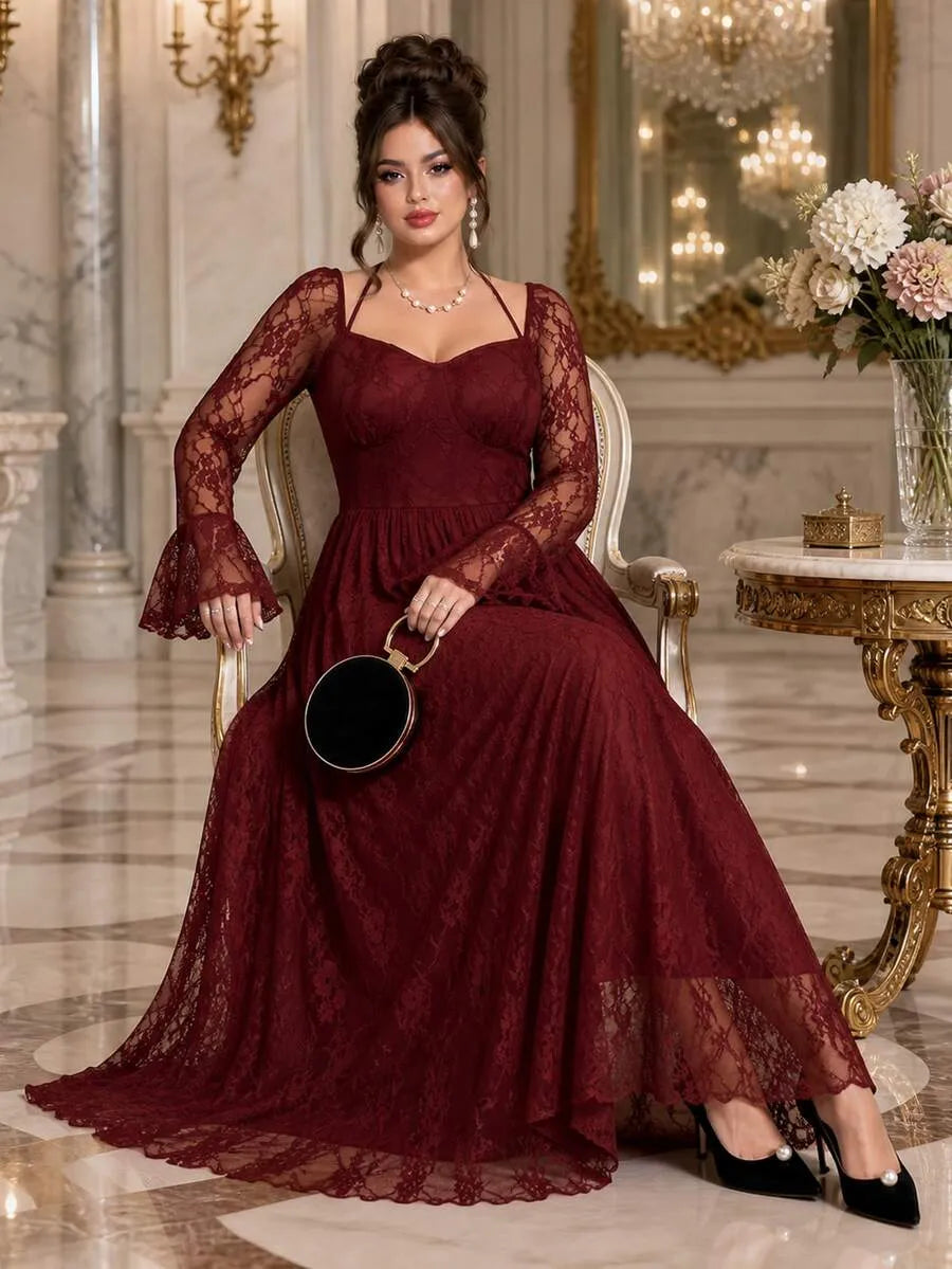 SHEIN Roveilla فستان نسائي دانتيل متوسط الطول بياقة قلبية وأكمام جرس وخصر محدد بلون عنابي