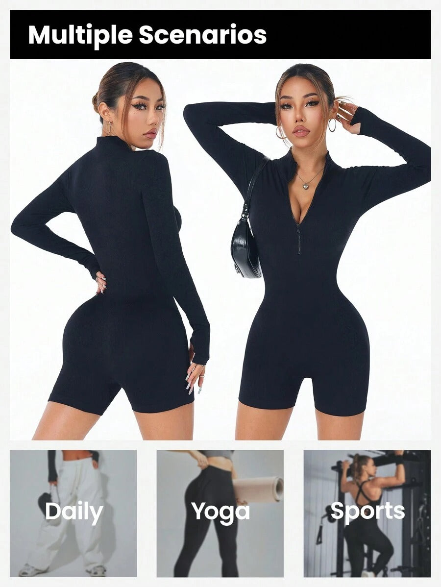 SHEIN جمبسوت رياضي أسود ضيق بسوستة