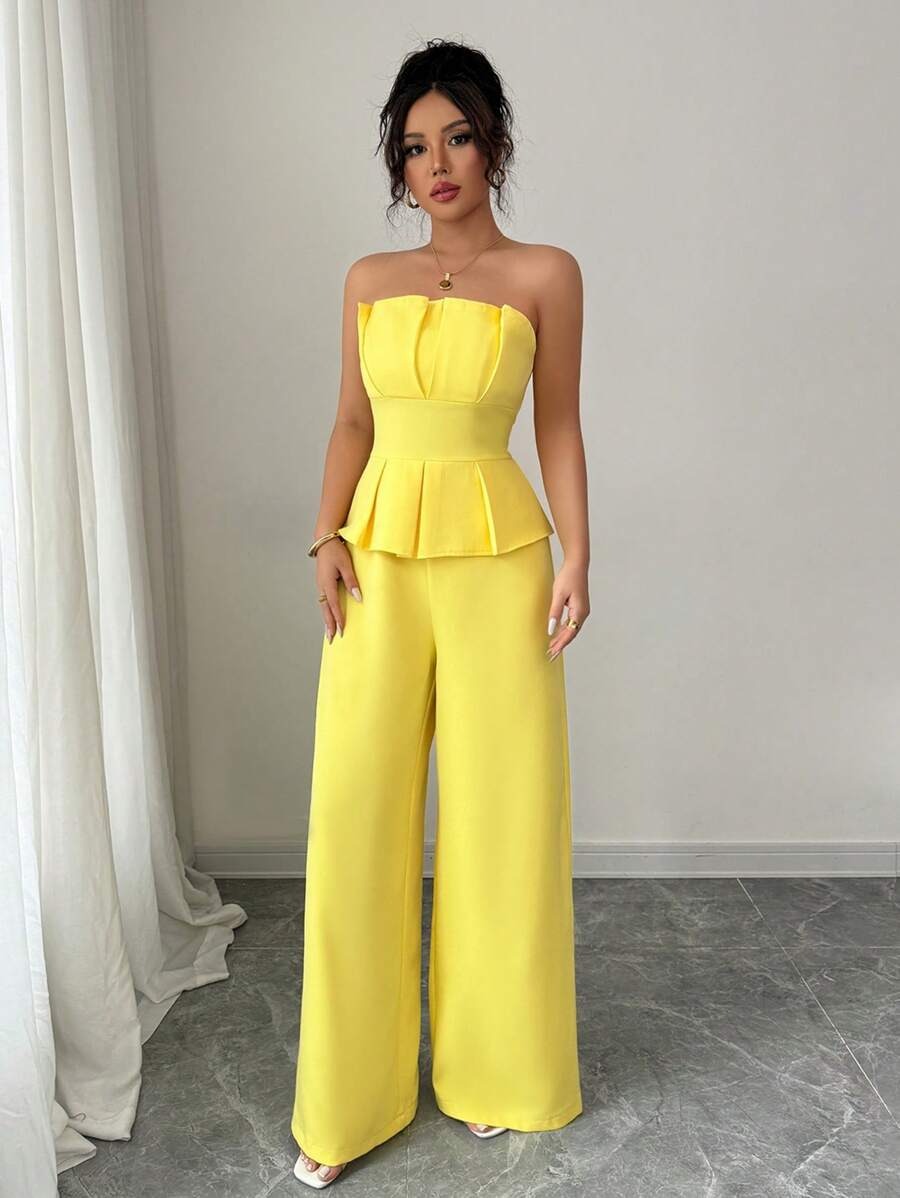 SHEIN Elenzga جمبسوت أنيق بدون أكمام بلون أصفر