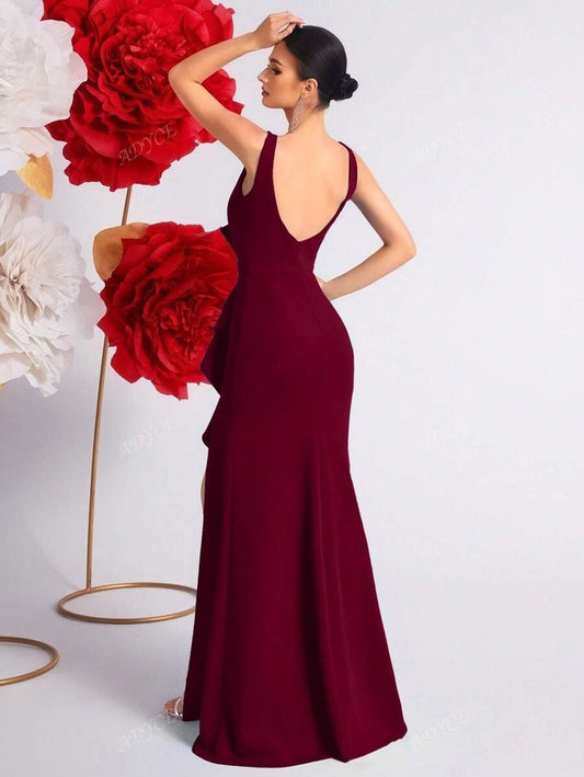 SHEIN ADYCE  فستان رسمي أنيق عنابي طويل بفتحة ظهر وكشكشة ناعمة
