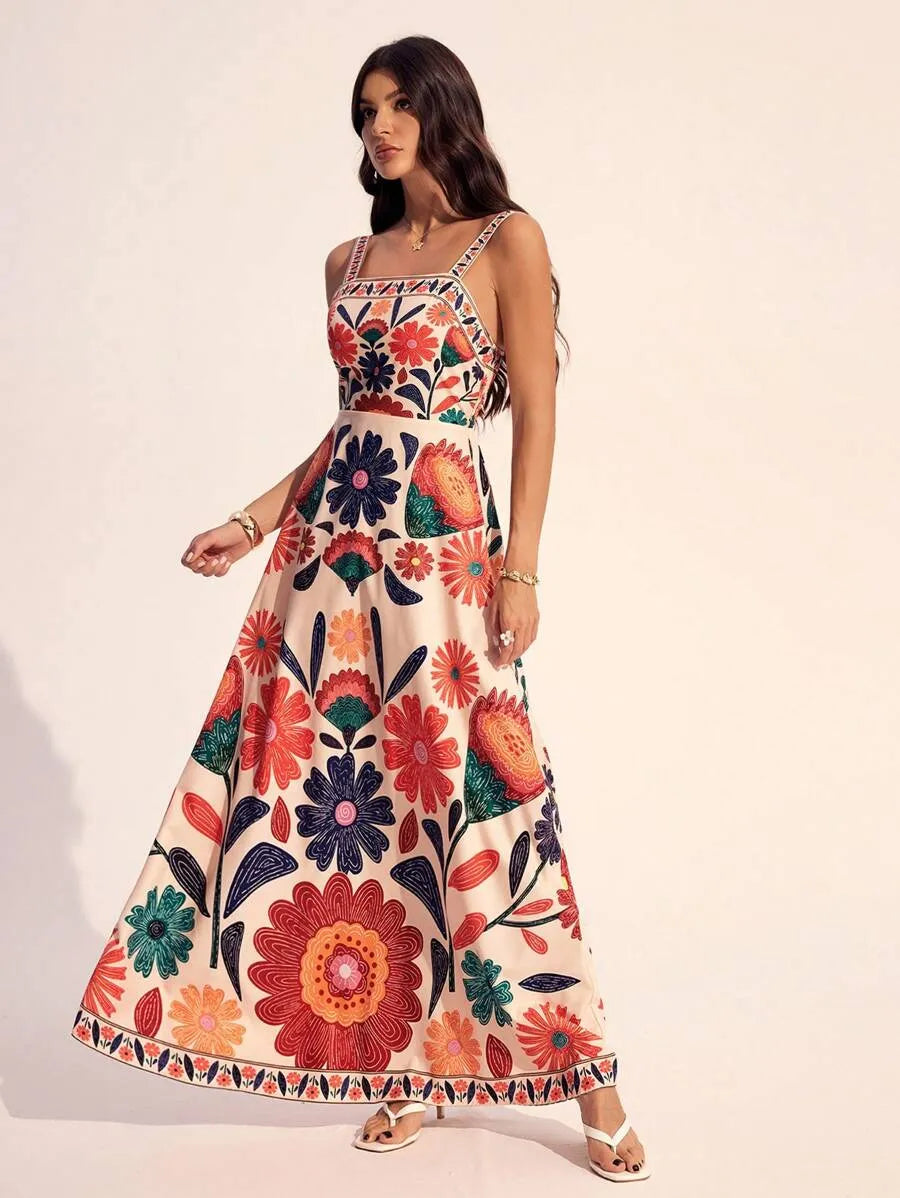 SHEIN Tall فستان نسائي ماكسي بحمالات رفيعة وخصر مجمع ونقشة زهور بلون مشمشي