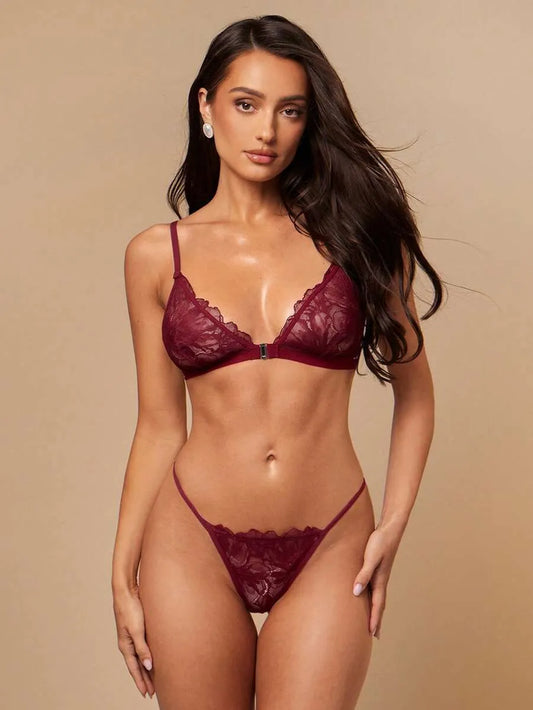 SHEIN Silquee طقم ملابس داخلية من قطعتين بدانتيل وإغلاق أمامي بلون أسود