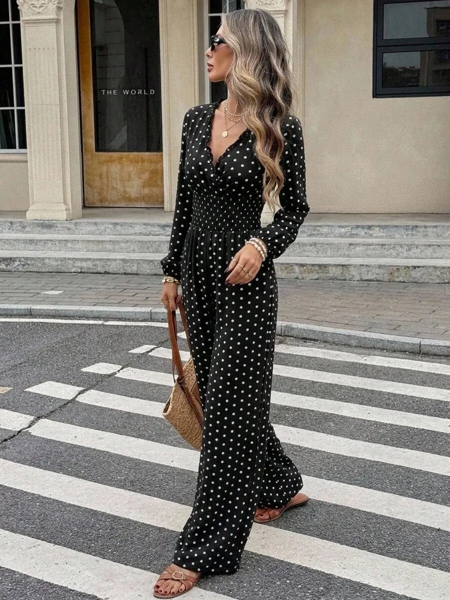 SHEIN Frenchy جمبسوت نسائي بنقشة بولكا دوت وياقة وأكمام طويلة بلون الأسود