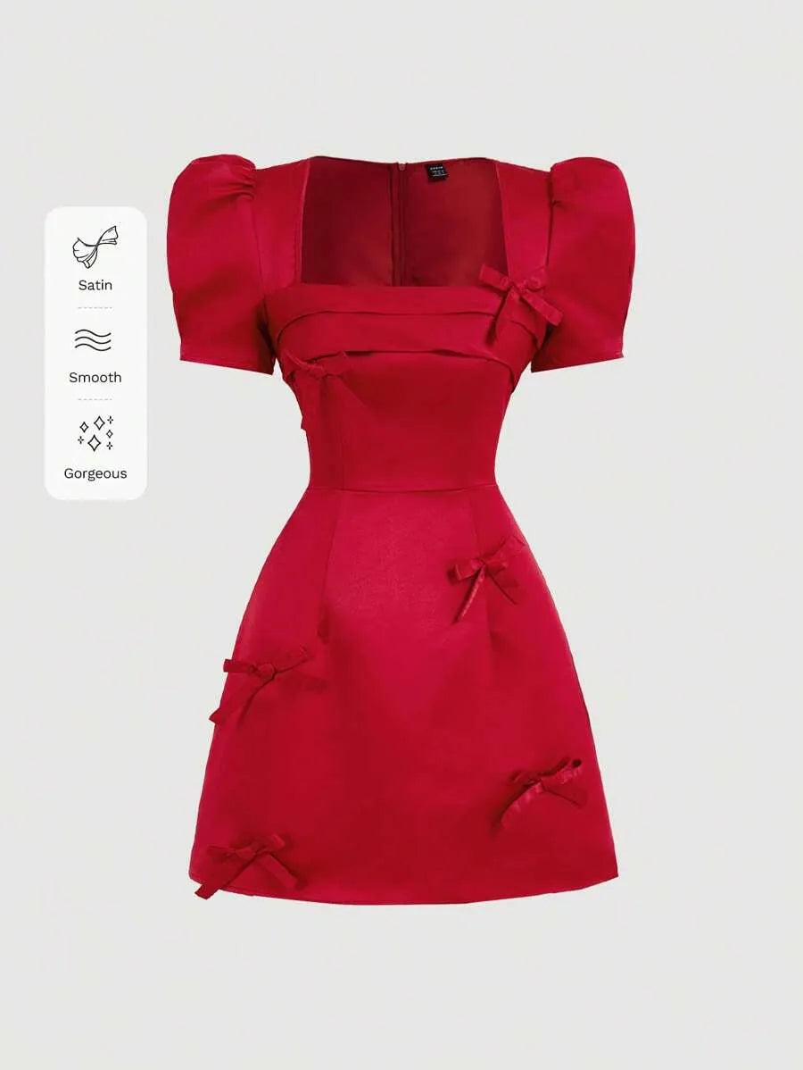 SHEIN MOD فستان نسائي بياقة مربعة ورباط أمامي وأكمام قصيرة بلون أحمر