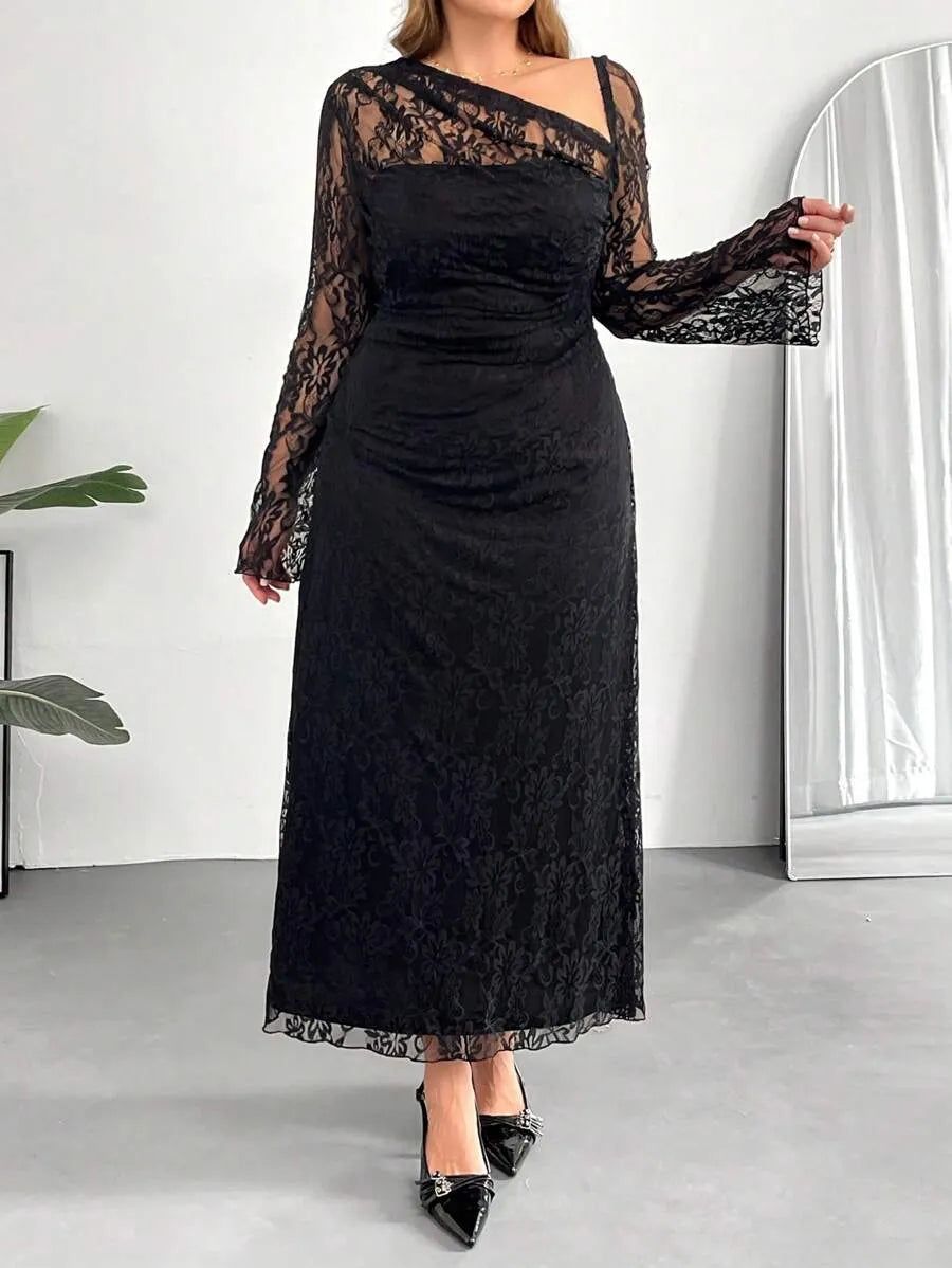 SHEIN Auralis فستان نسائي بياقة غير متماثلة وأكمام جرسية بلون أسود