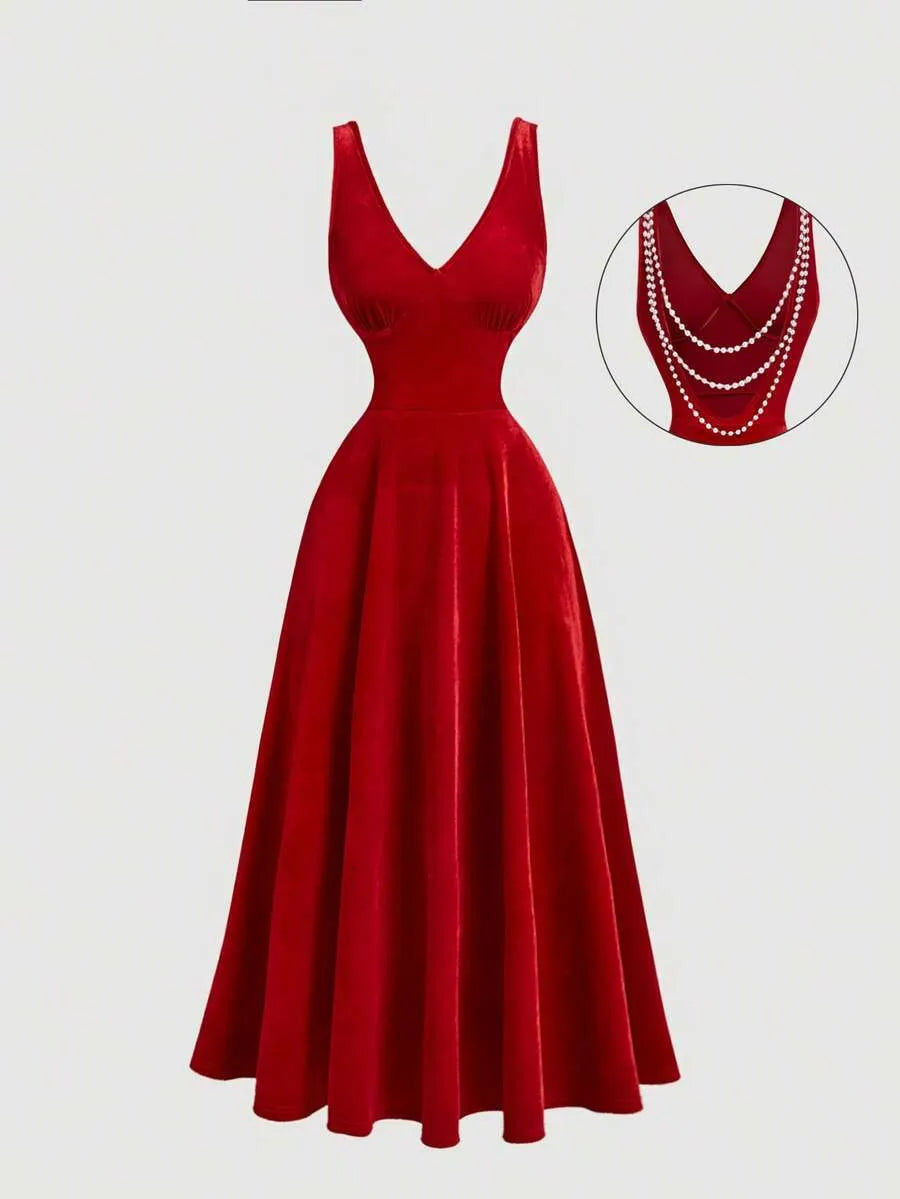 SHEIN MOD فستان نسائي ميدي مخملي بياقة وتفاصيل لؤلؤ بلون عنابي