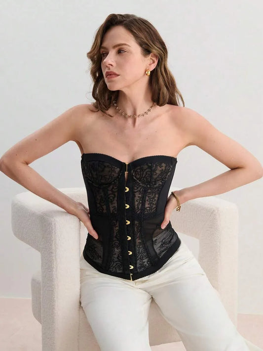 SHEIN Hourtrue توب كورسيه بلون أسود بدون حمالات برباط وقصة ضيقة