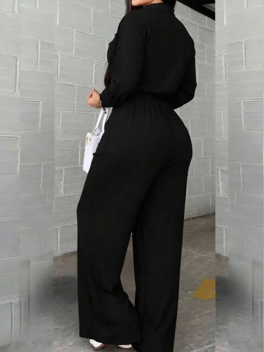 SHEIN جمبسوت أسود بياقة قميص وحزام ربط