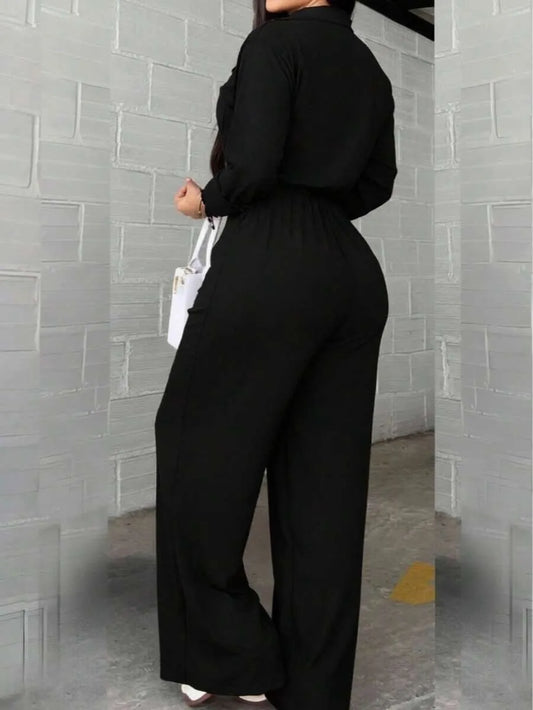 SHEIN جمبسوت أسود بياقة قميص وحزام ربط