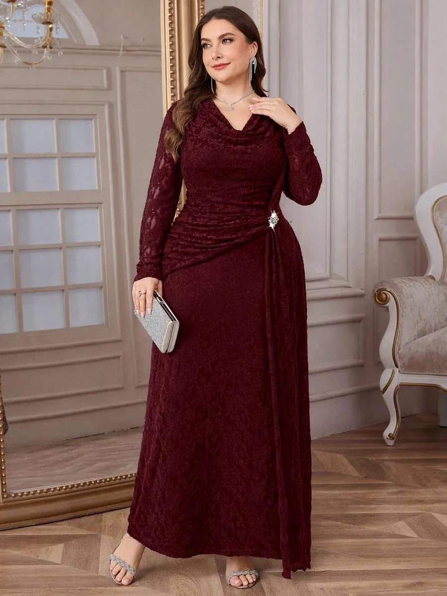 SHEIN Reflora فستان دانتيل طويل بياقة دائرية ورباط خلفي وكسرات بلون الأحمر