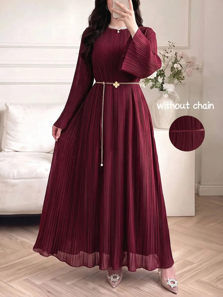SHEIN Celisse فستان ماكسي بياقة دائرية وأكمام طويلة وخصر برباط خلفي بلون عنابي