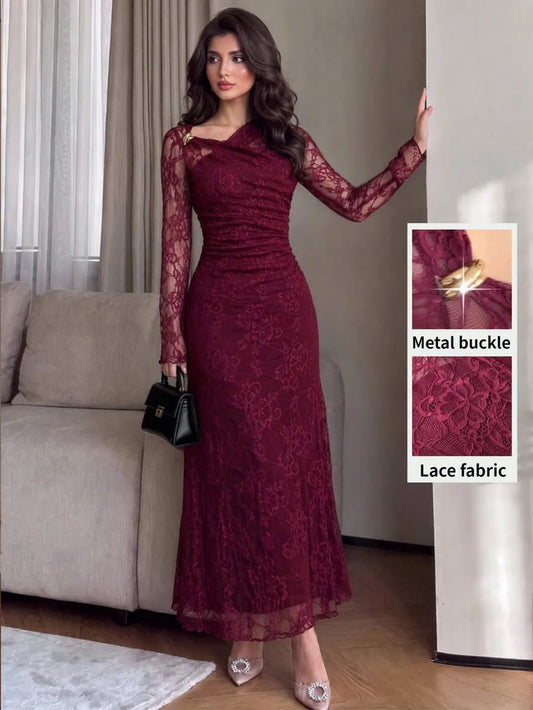 SHEIN Modelyn فستان ميدي بياقة غير متماثلة وأكمام واسعة من الدانتيل بلون عنابي