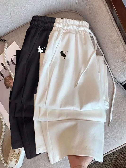SHEIN INAWLY بنطلون بلون أبيض وأسود طويل واسع الساق بتطريز الحصان
