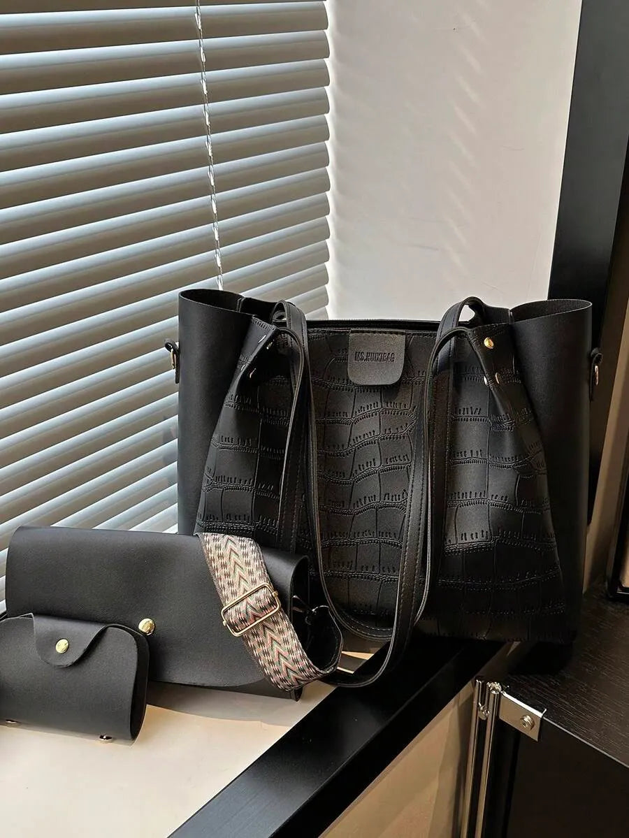 SHEIN حقيبة توت وكتف ومحفظة من البولي يوريثان برقعات ملونة مجموعة 3 قطع