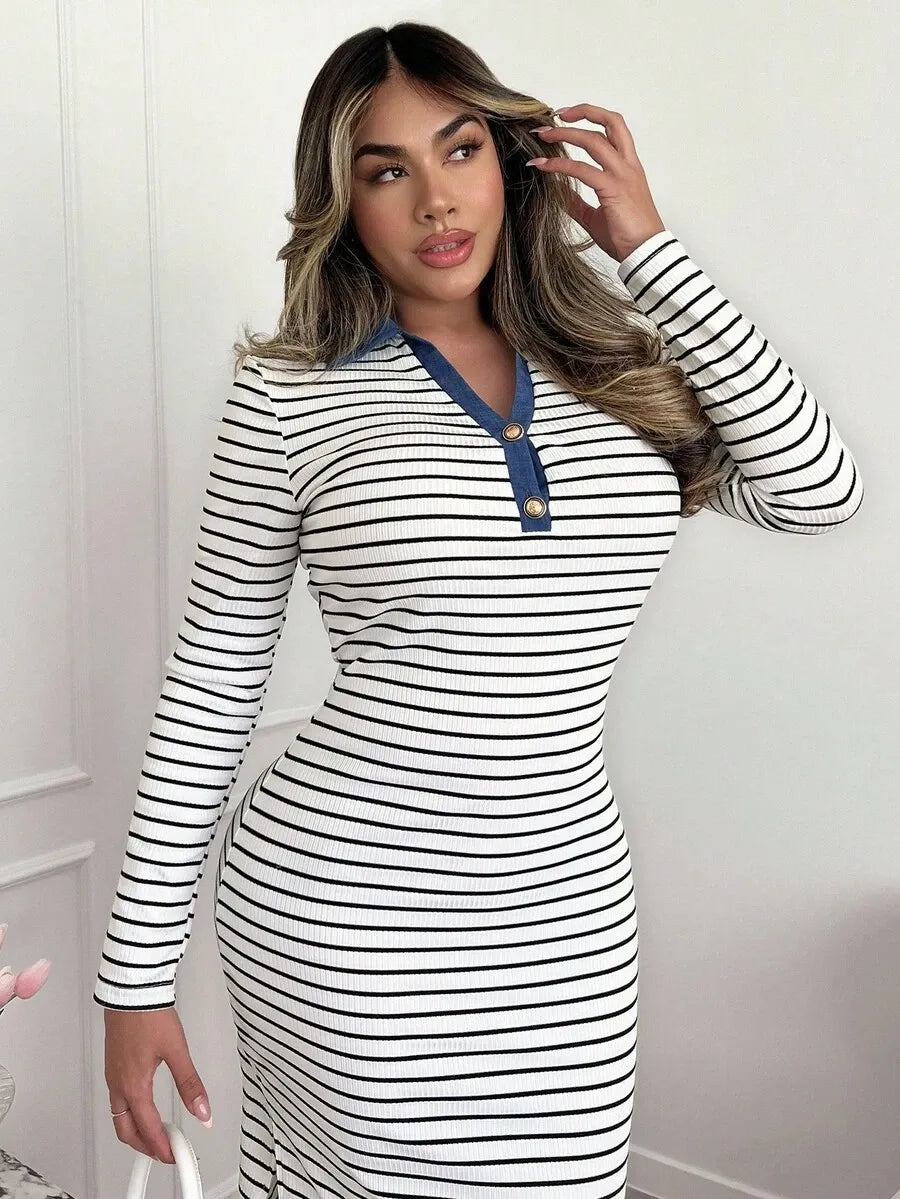 SHEIN LUNE فستان محبوك طويل بياقة بولو وأزرار معدنية وتفاصيل مخططة بالأبيض والأسود