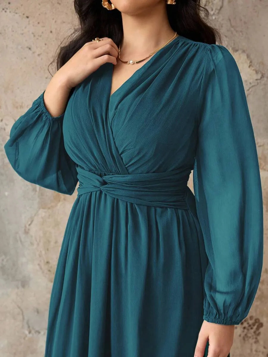SHEIN Roveilla فستان نسائي بياقة وخصر مجعد وأكمام فانوس بلون أزرق مخضر