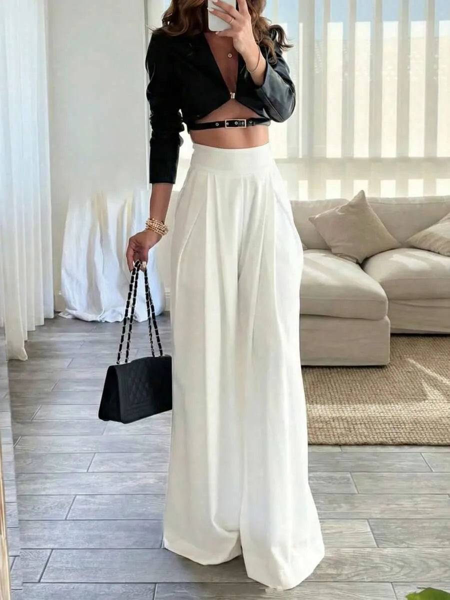 SHEIN فلوريا بنطلون أبيض طويل واسع بخصر عالي
