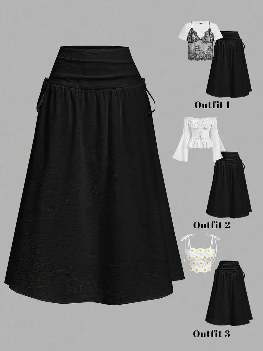 SHEIN MOD A-Line تنورة نسائية طويلة  بخصر طبيعي وثنيات بلون أسود