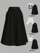 SHEIN MOD A-Line تنورة نسائية طويلة  بخصر طبيعي وثنيات بلون أسود
