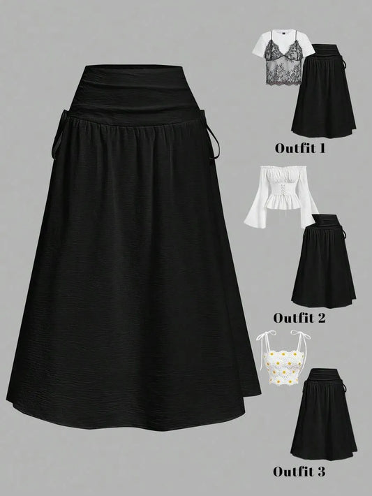 SHEIN MOD A-Line تنورة نسائية طويلة  بخصر طبيعي وثنيات بلون أسود