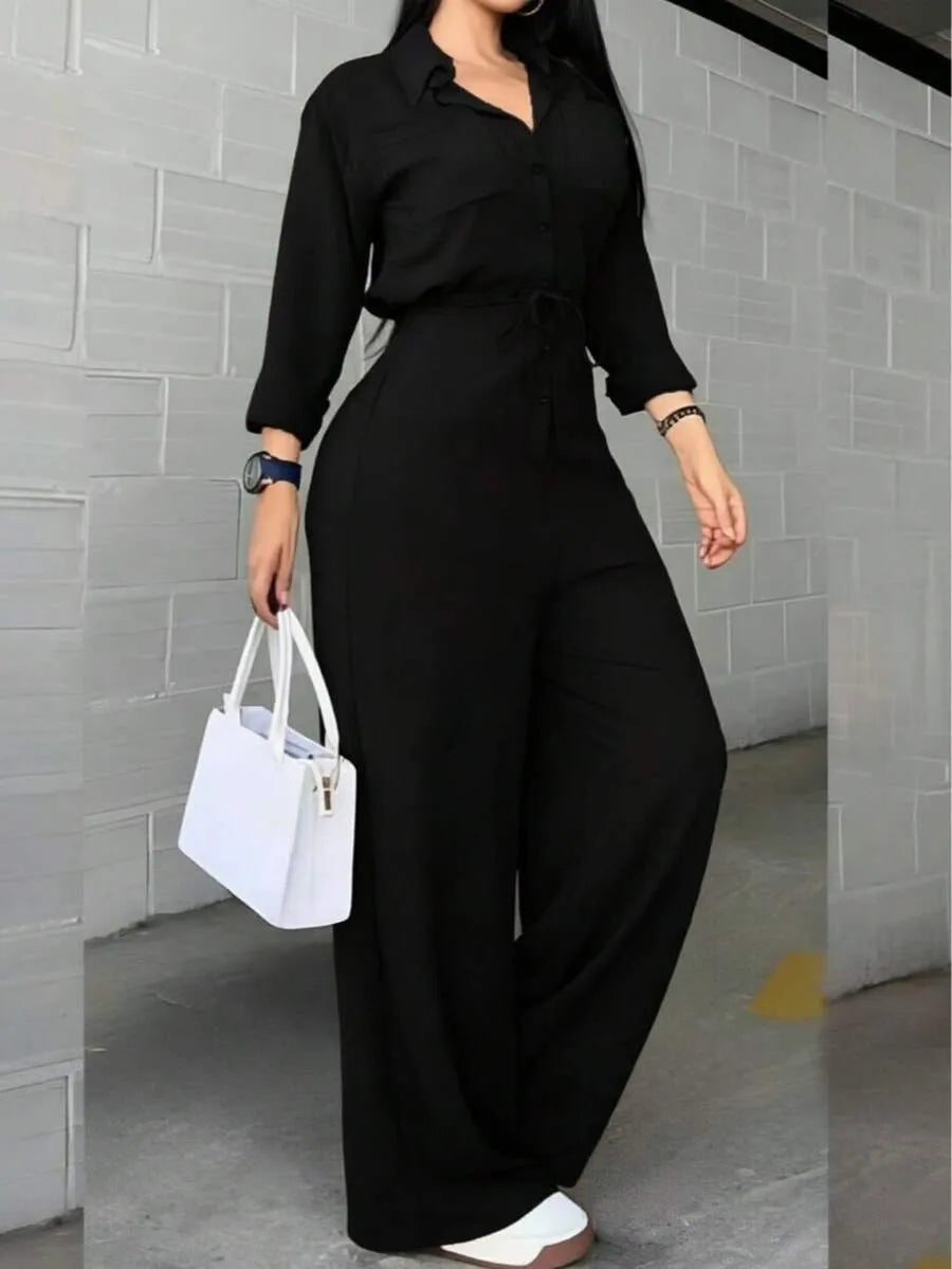 SHEIN جمبسوت أسود بياقة قميص وحزام ربط
