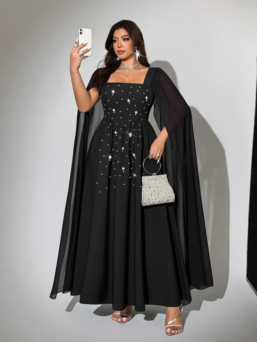 SHEIN Viva Relle فستان ماكسي بياقة مربعة وأكمام عباءة وخرز لامع بلون الأسود