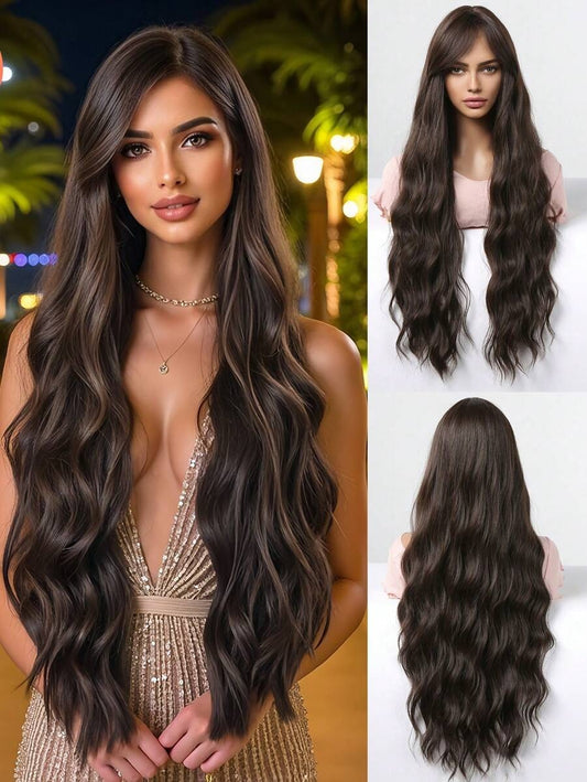SHEIN باروكة شعر طويل مموج بخصل مموجة