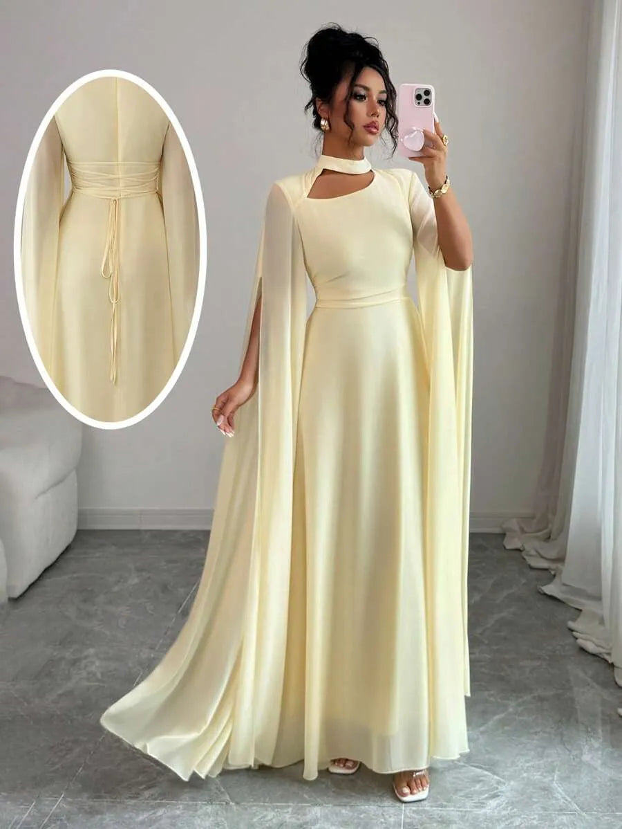SHEIN Elenzga فستان ماكسي بياقة غير متماثلة وأكمام عباءة وخصر مرتفع بتفاصيل شبكية بلون أصفر فاتح