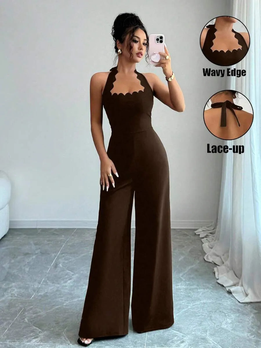 SHEIN Selianne جمبسوت بني أنيق برقبة هولتر وأطراف مموجة من