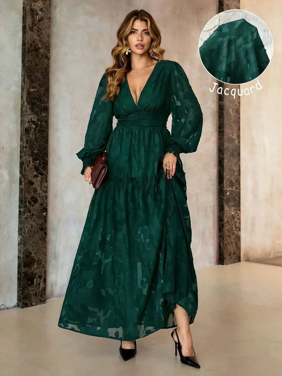 SHEIN Roveilla فستان طويل بياقة عميقة وأكمام واسعة وشفافة جزئيًا بلون أخضر داكن