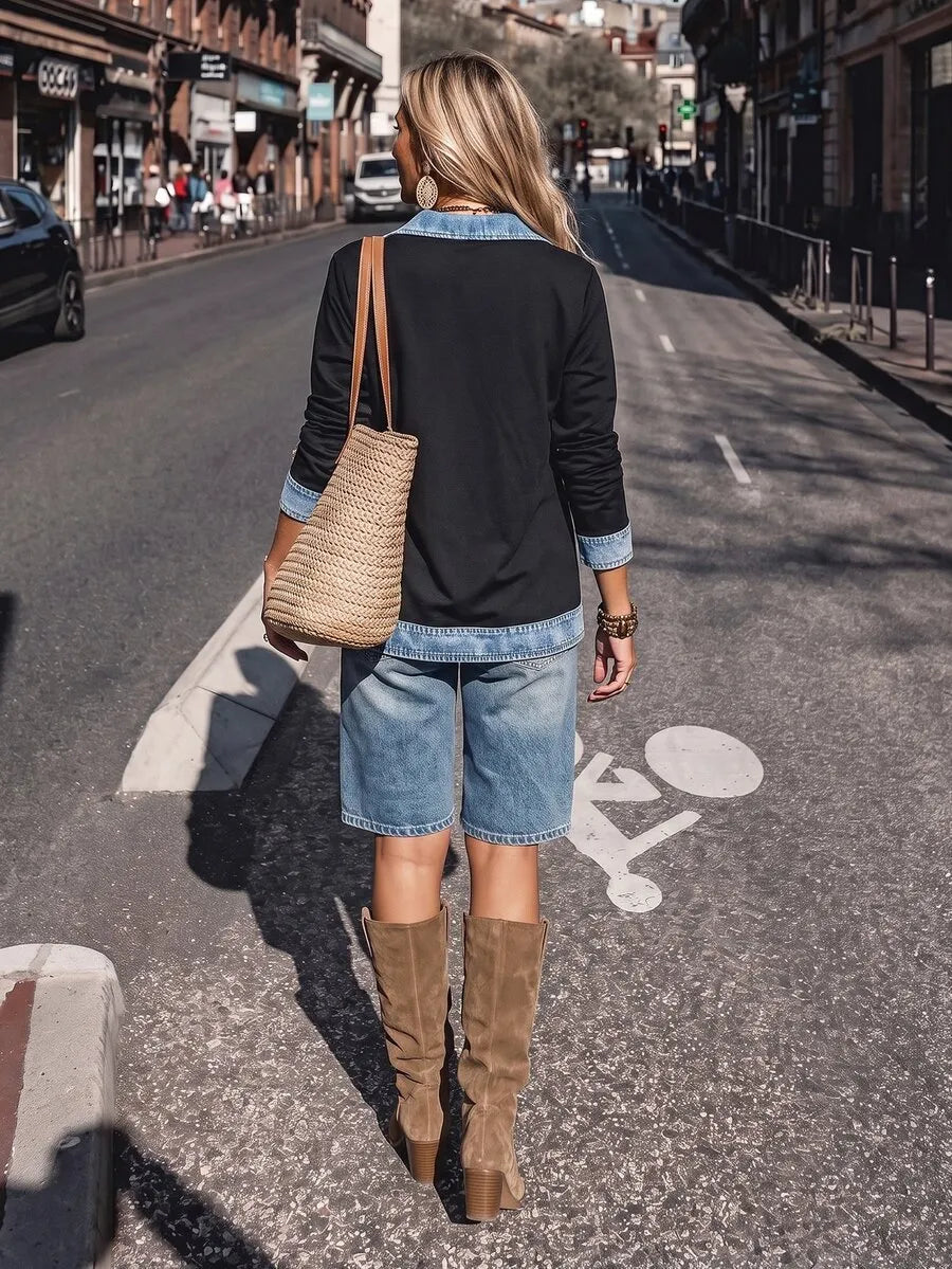 SHEIN LanaWest جاكيت دنيم أسود نسائي بطراز ريترو بياقة قميص