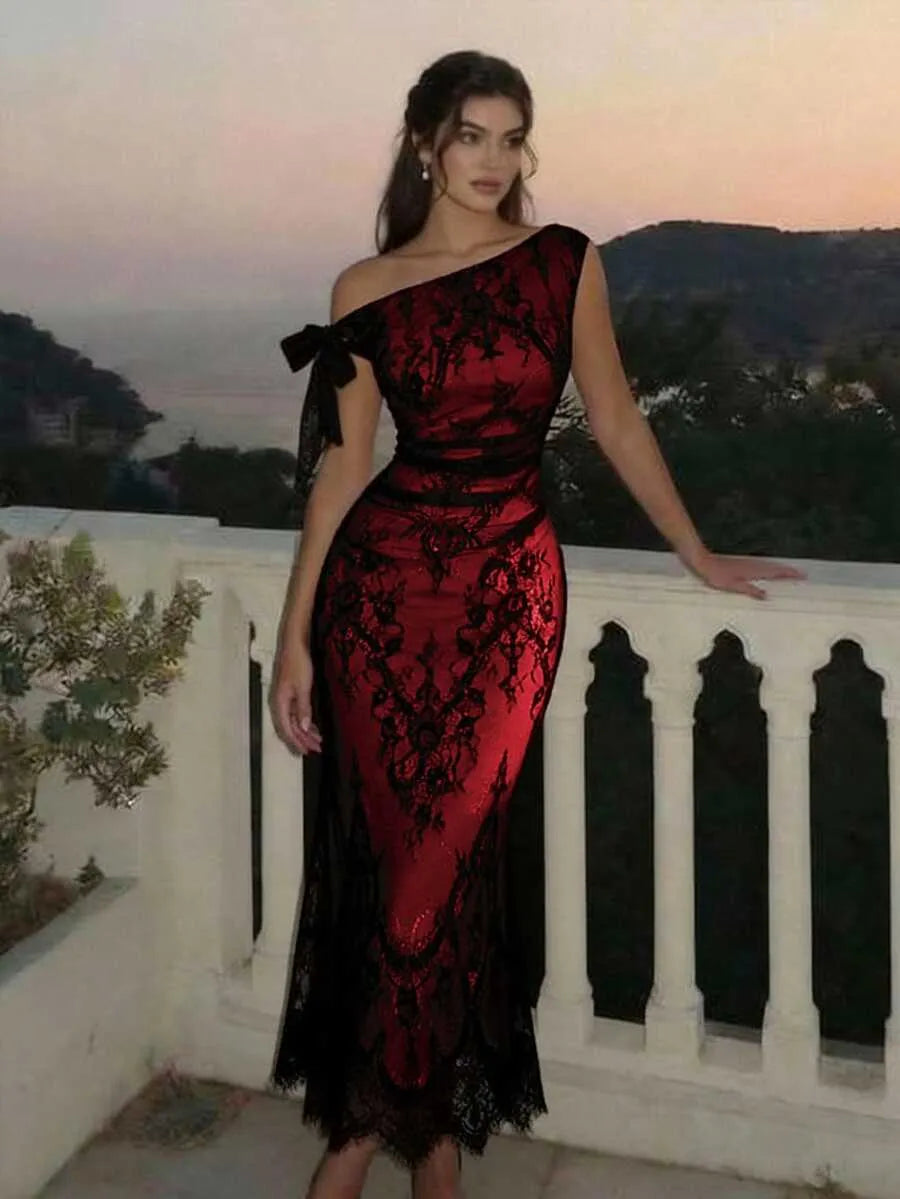 SHEIN MOD فستان نسائي ميدي من الدانتيل بياقة غير متماثلة وخصر محدد باللونين الأحمر والأسود