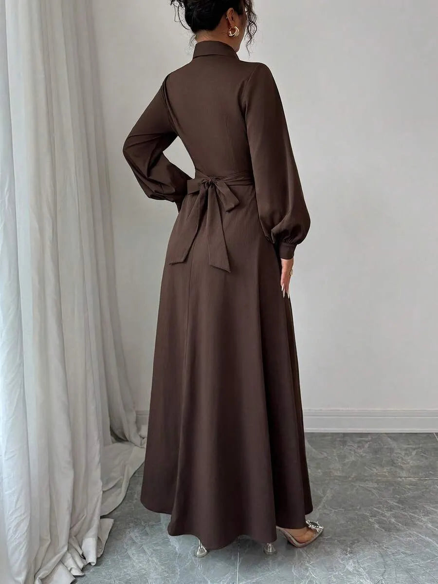SHEIN LUNNELUX  A-Line فستان طويل بتصميم مطوي وأزرار بلون بني